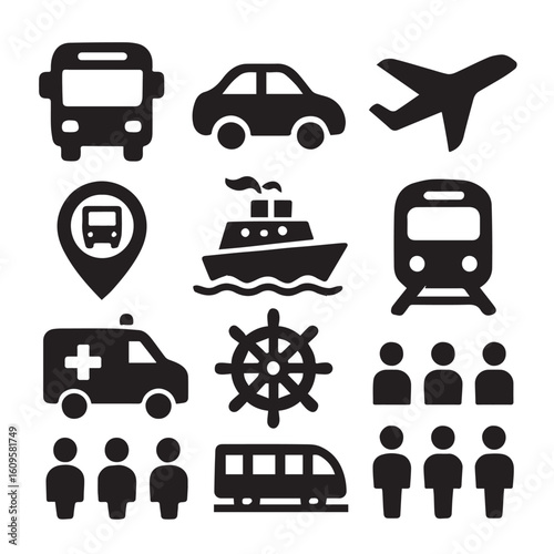 Set of transportation icons representing different modes of travel in black