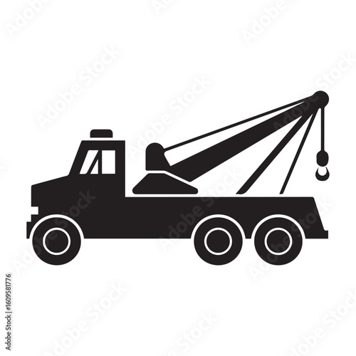  A black and white silhouette illustration of a tow truck with a minimalist, geometric style. 
