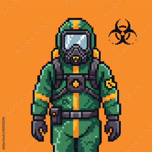 Pixelated Hazmat Suit with Biohazard Symbol Green and Yellow.