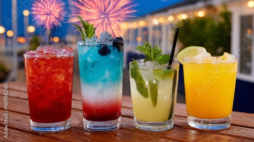 Wallpaper Mural Four colorful drinks are lined up on a table. The drinks are a mix of fruit juices and sodas, with a blue, red, yellow, and green drink. The drinks are served in tall glasses Torontodigital.ca