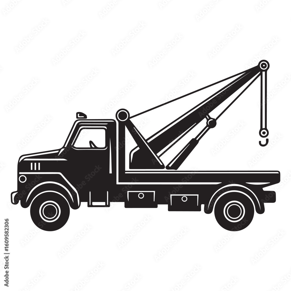 Naklejka premium A black and white silhouette illustration of a tow truck with a minimalist, geometric style. 
