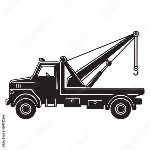  A black and white silhouette illustration of a tow truck with a minimalist, geometric style. 