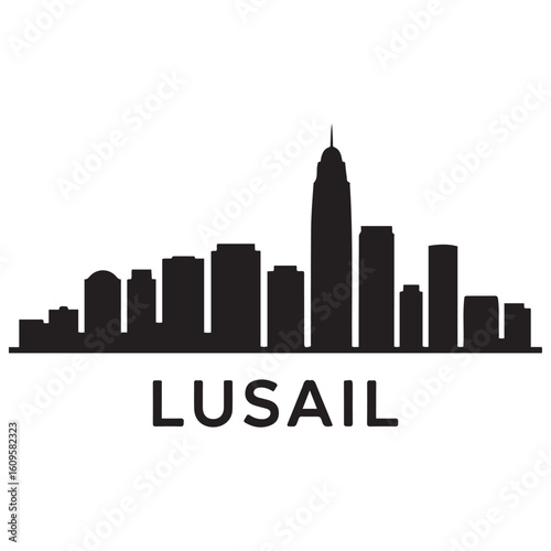 Lusail city skyline. Black cityscape banner. Vector black silhouette. with white background