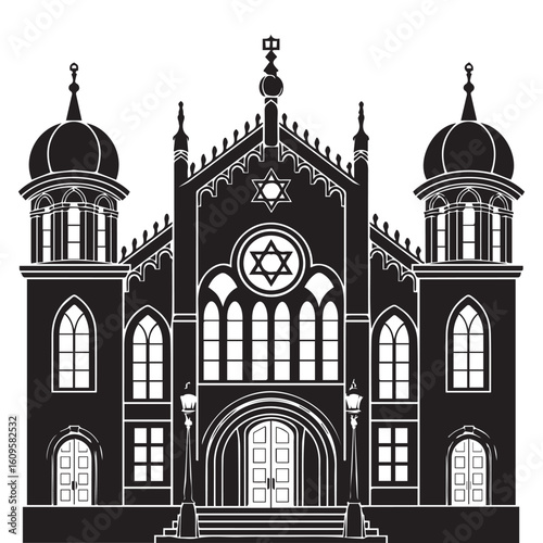 A black and white silhouette illustration of a traditional Jewish synagogue. 