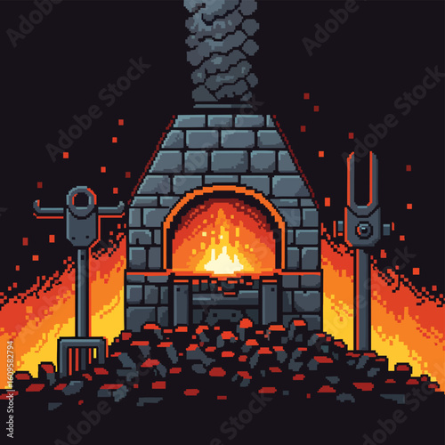Pixel Art Blacksmith Forge with Burning Fire and Tools.