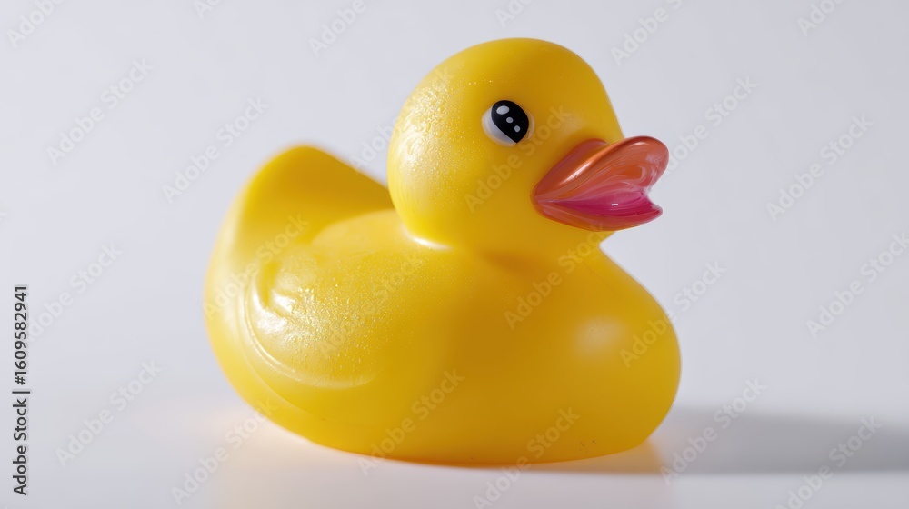 A bright yellow rubber duck, isolated on a pure white background. Childhood, play, simple joy. A bright yellow rubber duck, isolated on a pure white background. Childhood, play, simple joy.