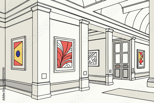 Interior view of an art gallery with framed paintings and architectural columns in a perspective drawing