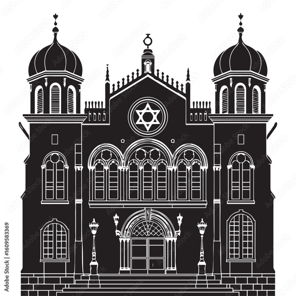 A black and white silhouette illustration of a traditional Jewish synagogue. A black and white silhouette illustration of a traditional Jewish synagogue.
