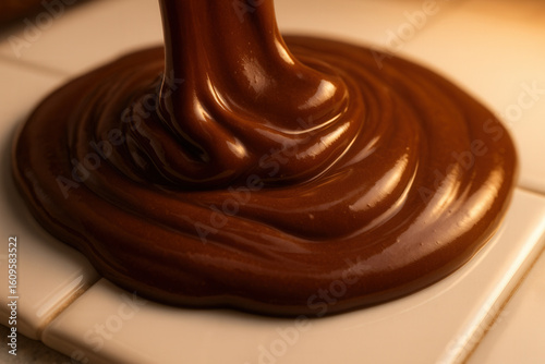 Close-Up of Rich, Glossy Chocolate Slowly Pouring onto a Flat Surface
