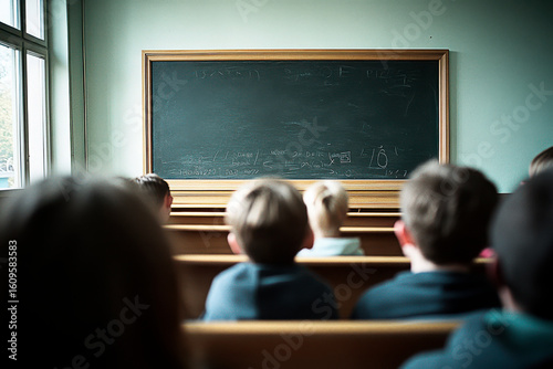 Students engaged in learning at a classroom with a chalkboard in the foreground during a school day