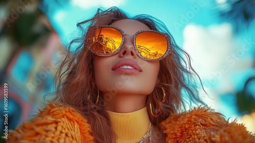A stylish person with long, wavy hair wearing oversized sunglasses stands against a vibrant backdrop. Bright sunshine illuminates the scene