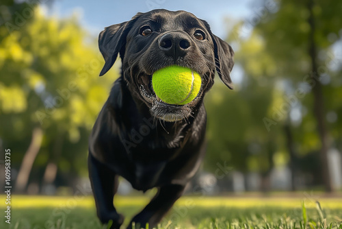 A black dog excitedly runs through a lush green park, holding a vibrant green tennis ball in its mouth.