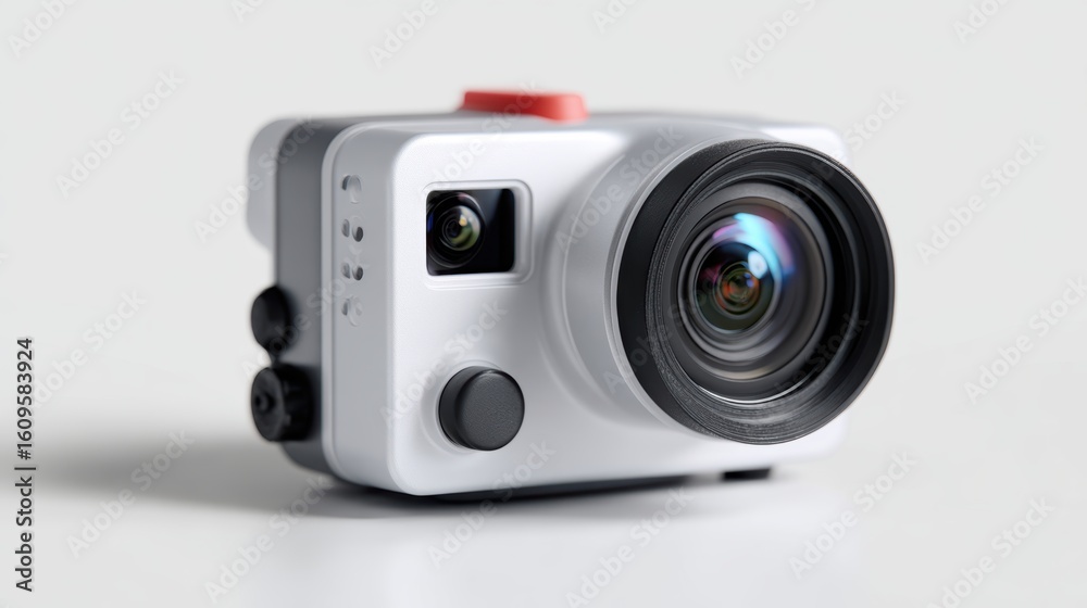 A generic, white action camera, isolated on a white seamless background. Adventure, recording. A generic, white action camera, isolated on a white seamless background. Adventure, recording.