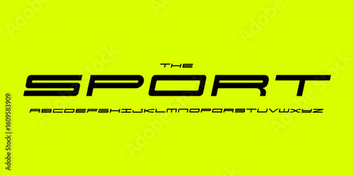 Wide Angular Font, Modular Geometric Alphabet evokes Robotic Digital Architecture and Gaming or Sports UI. Ideal for Game Logo and Headline. Vector Typeset
