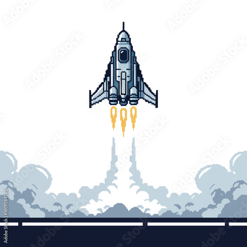 Pixel Art Spaceship Launching with Fiery Exhaust and Smoke.