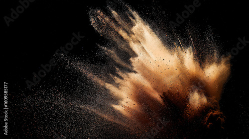 Abstract brown powder explosion in mid-air against a dark background, captured with dynamic motion.
