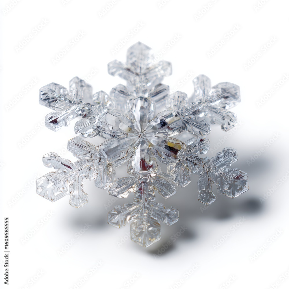 Fototapeta premium A single, perfectly formed snow crystal, highly detailed, isolated on a pure white background. Winter, unique, intricate.