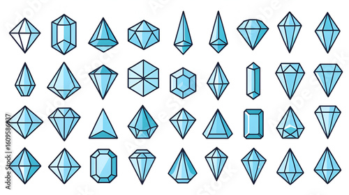 Linear diamond icons. Crystal gems, luxury gemstones and jewels diamonds outline. Brilliant gem, faceted precious stones minimal geometric style shapes vector set with editable stroke paths.