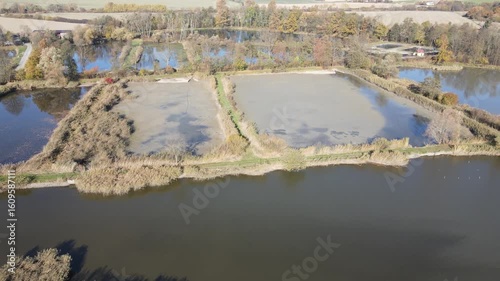 Drone video of drained ponds in autumn near the village of Jistebník. Autumn landscape of Poodří in North Moravia, Czech Republic.