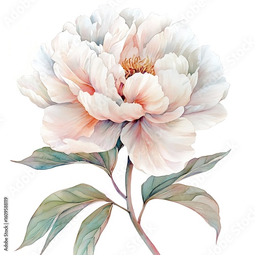 Elegant Watercolor Peony Blossom: Soft Peach and White Tones, Isolated