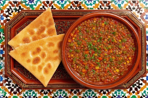 Overhead Shot of Moroccan Lentil Soup in Terracotta Bowl with Triangle Bread on Ornate Tray, Colorful Tile Background, Warm Lighting, Rustic Style