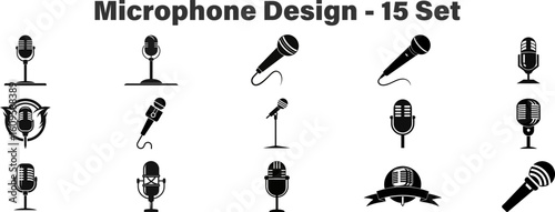 Microphone Set Silhouette Vector Illustration	. group of microphone design black and white
