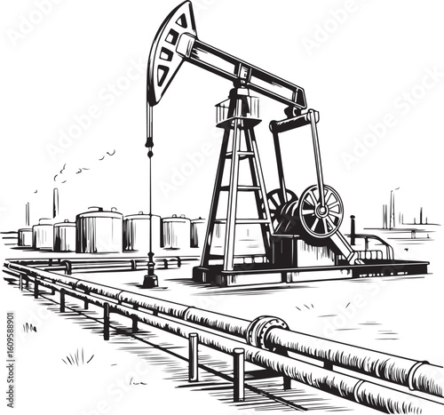 Industrial Oil Industry Scene – Hand-Drawn Engraving Vector Illustration
