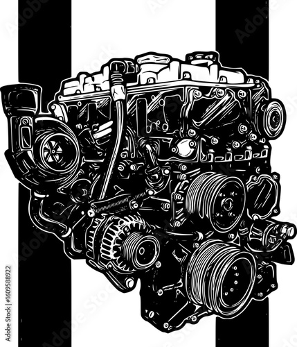 Detailed car engine with turbo