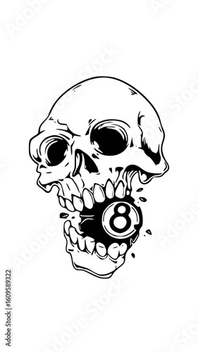 Skull with an eight ball in mouth