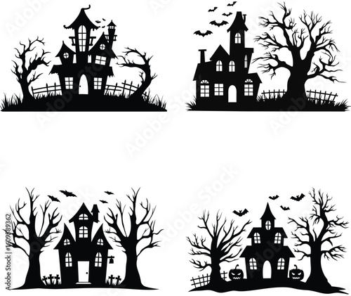 Set of Halloween haunted houses silhouette. A big bundle vector illustration perfect for halloween project. Haunted House, Owl, Candle, Mask, Chains, Graveyard, Raven