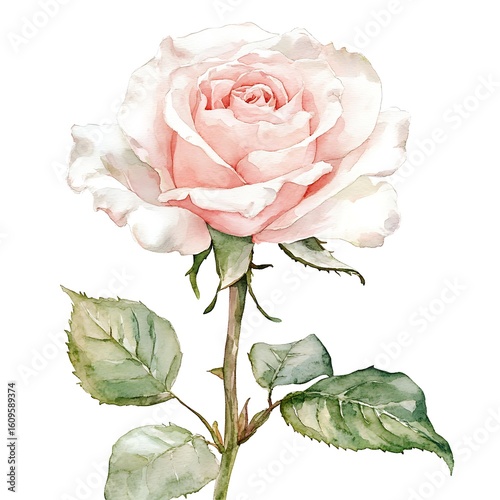 Elegant Watercolor Blush Pink Rose, Single Stem, Romantic Mood, Botanical Illustration