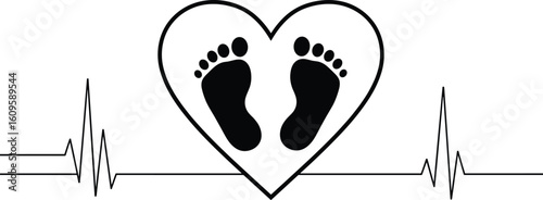 Heartbeat with baby footprints inside heart shape, symbol of life, maternity care, love, health, emotional bond, family, wellness vector illustration