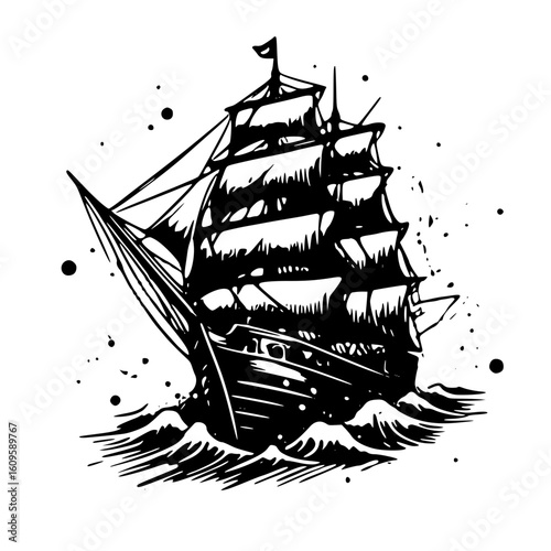 Tall ship sailing on waves