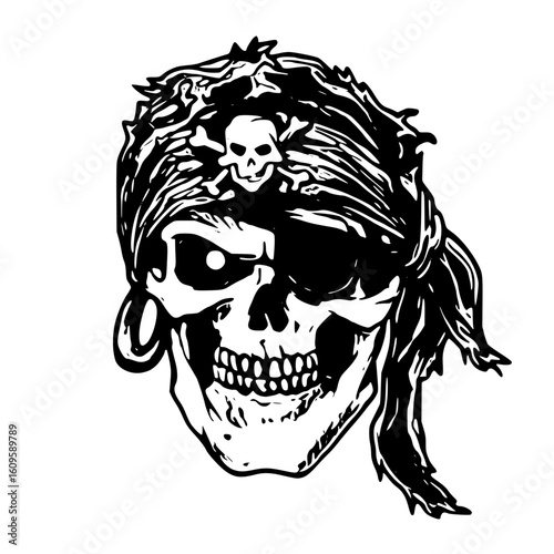 Pirate skull with bandana and eye patch