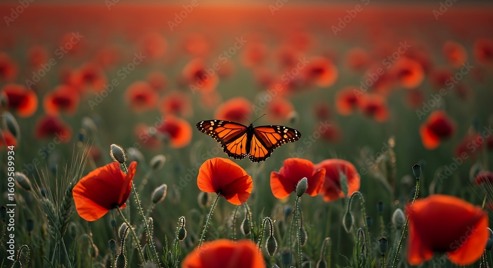Obraz premium Monarch butterfly in a field of vibrant red poppies.
