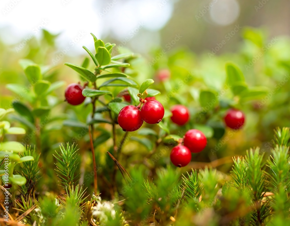 Obraz premium Close-up of red berries in a mossy forest