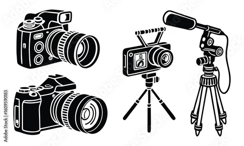 Collection of black camera icons in silhouette style, featuring photo cameras with flash and video cameras with microphones.