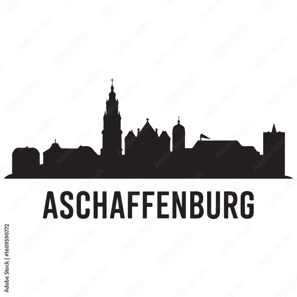 Fototapeta premium Aschaffenburg skyline silhouette. Black Aschaffenburg city. Vector black silhouette. with white background