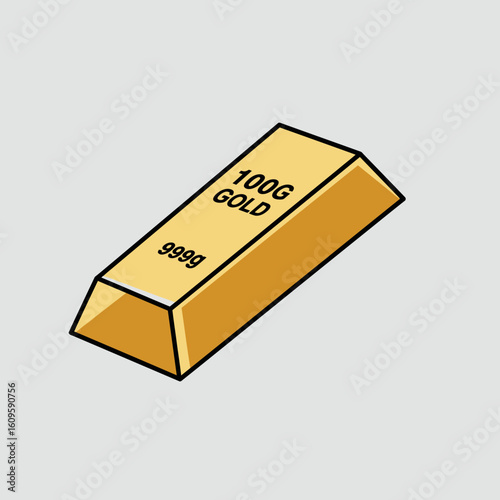 A single shiny gold bar labeled 100g GOLD 9999, depicted in a clean, modern illustration against a neutral gray background.