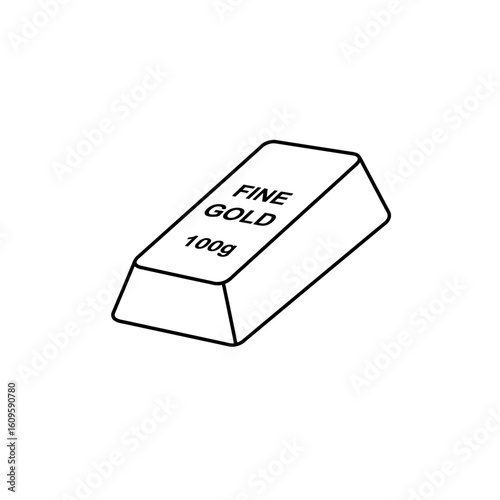 A simple line drawing of a gold bullion bar labeled "FINE GOLD 100g" on a clean white background, representing wealth and investment.