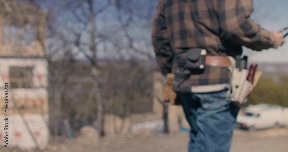 Close Up of Construction Worker Taking Tool Out of Tool Belt and Walking Towards Wooden Frame of House at Construction Site Close Up of Construction Worker Taking Tool Out of Tool Belt and Walking Towards Wooden Frame of House at Construction Site
