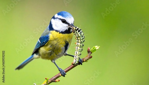 Blue tit bird eating a caterpillar on a branch