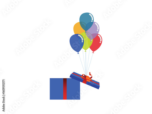 Celebration and Surprise Concept open blue gift box with a red ribbon, with a bunch of colorful, translucent balloons floating out