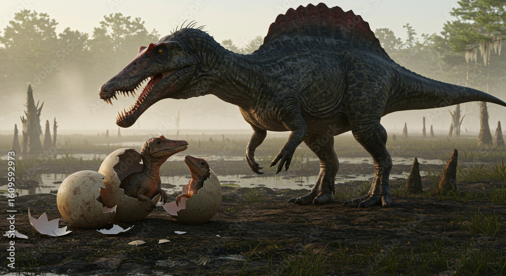 Obraz premium baby dinosaur hatching an egg with sibling in the jungle and forest