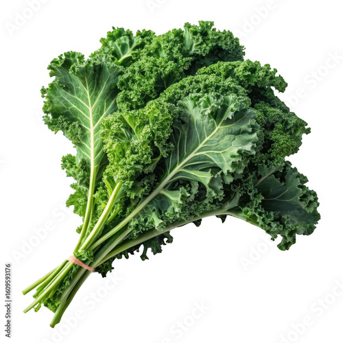 Fresh green curly kale leaves tied together isolated on transparent background