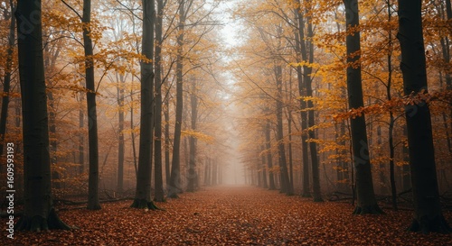 Fototapeta Naklejka Na Ścianę i Meble -  Autumn forest path lined with trees and fallen leaves in fog