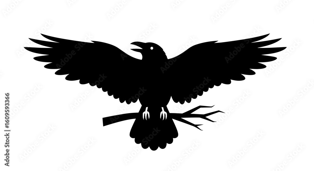 Obraz premium Graphic silhouette of a cawing raven with wings spread, perched on a tree branch.