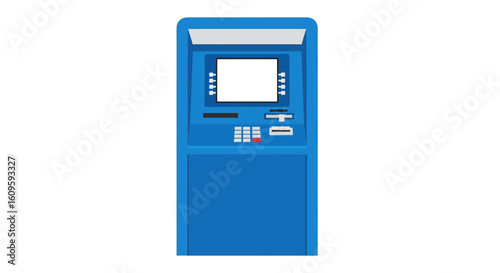 Front view illustration of a blue ATM machine with a blank white screen, keypad, and card slot.