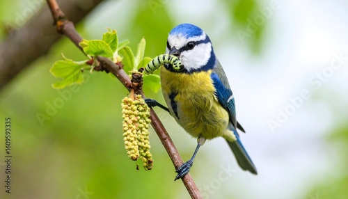 Blue tit eating a green caterpillar on a branch with fresh spring leaves