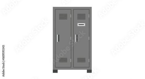 Front view of two grey metal school lockers with vertical handles and ventilation slots.
